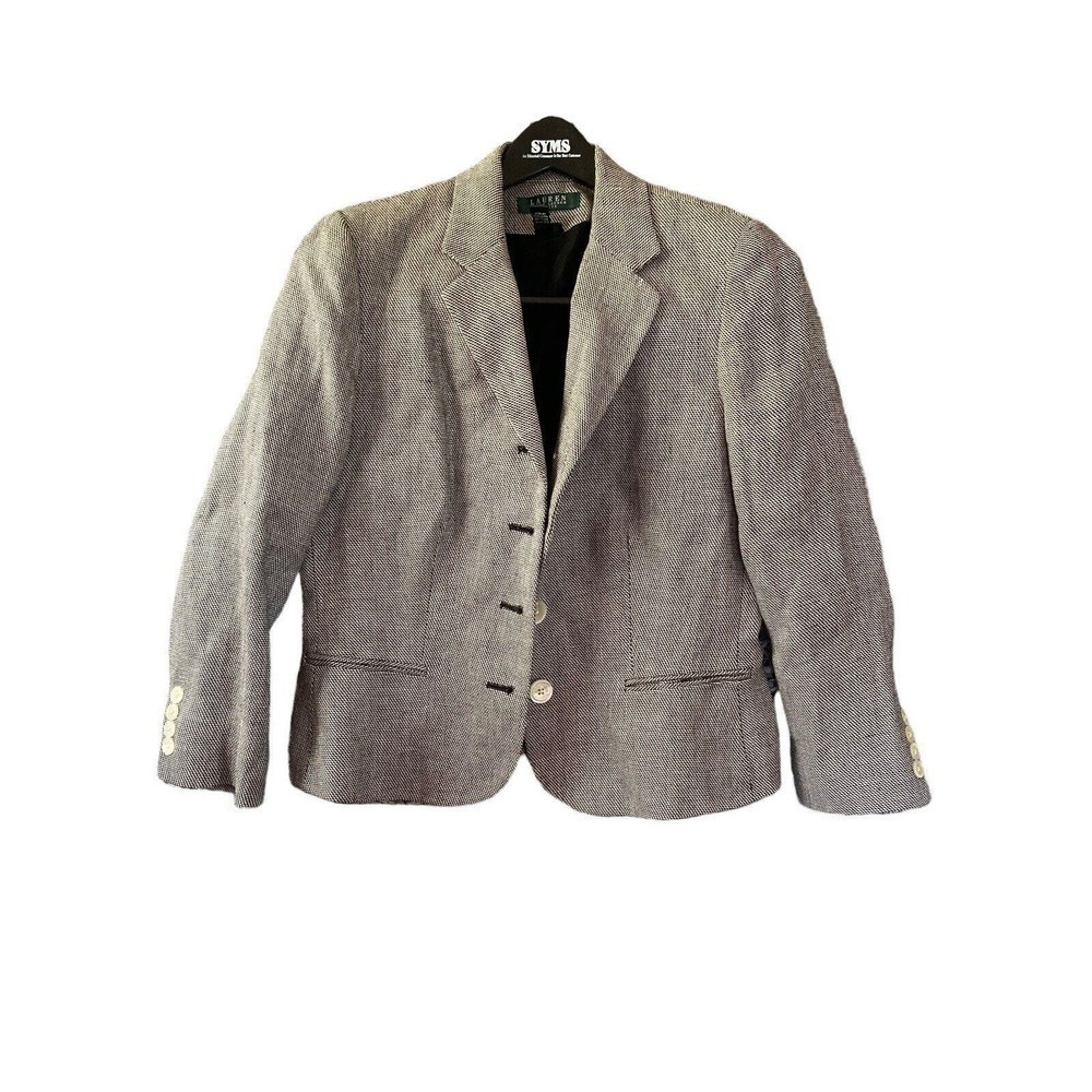 LRL Lauren Ralph Lauren Gray Linen Blazer Jacket 4 Button Lined Size 10P Petite